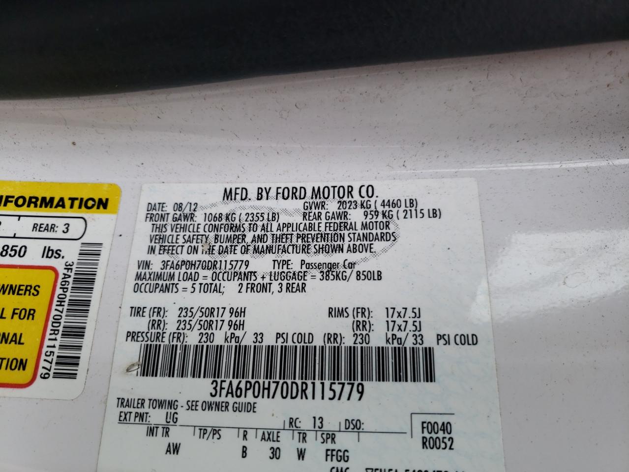 Photo 10 from auction – 2013 FORD FUSION SE with VIN 3FA6P0H70DR115779