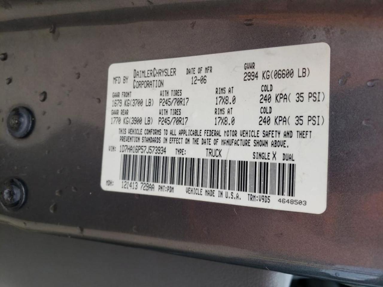 Photo 10 from auction – 2007 DODGE RAM 1500 S with VIN 1D7HA16P57J573934