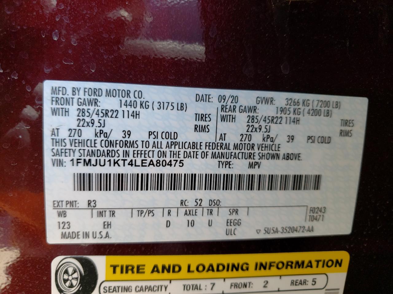 Photo 10 from auction – 2020 FORD EXPEDITION with VIN 1FMJU1KT4LEA80475