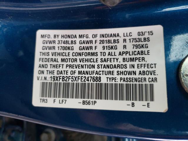 Photo 10 from auction – 2015 HONDA CIVIC LX with VIN 19XFB2F5XFE247688