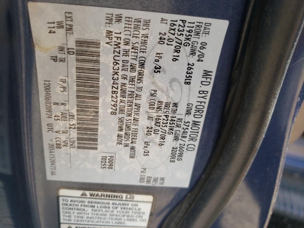 Photo 10 from auction – 2004 FORD EXPLORER X with VIN 1FMZU63K34ZB27978