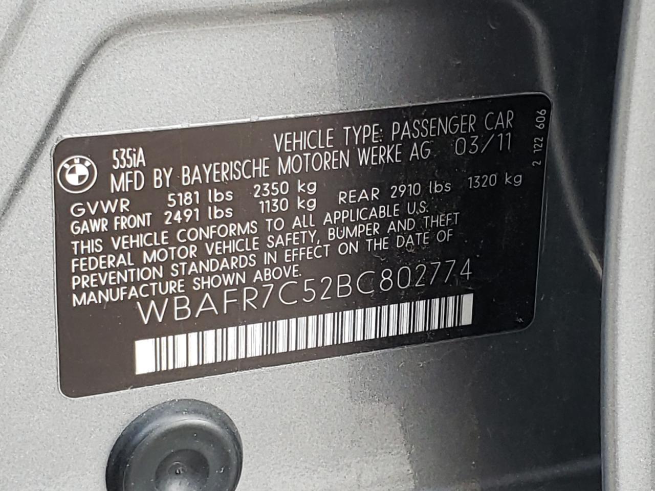 Photo 10 from auction – 2011 BMW 535 I with VIN WBAFR7C52BC802774