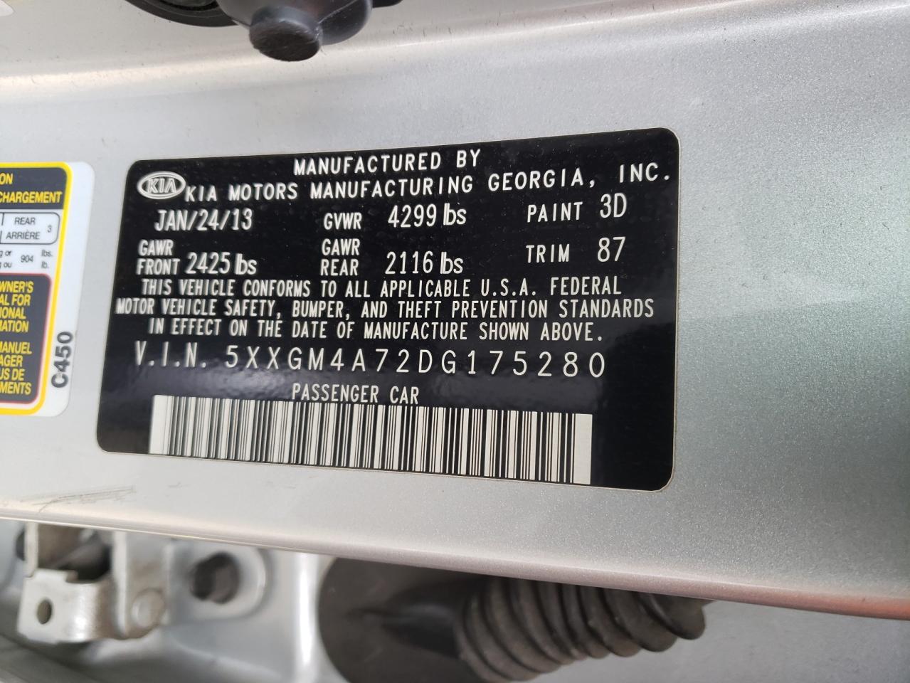 Photo 10 from auction – 2013 KIA OPTIMA LX with VIN 5XXGM4A72DG175280