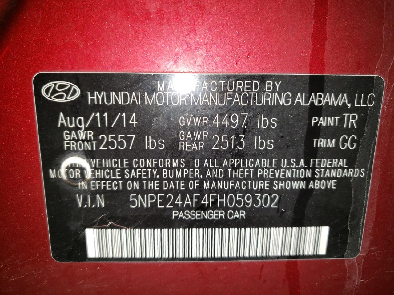 Photo 10 from auction – 2015 HYUNDAI SONATA SE with VIN 5NPE24AF4FH059302