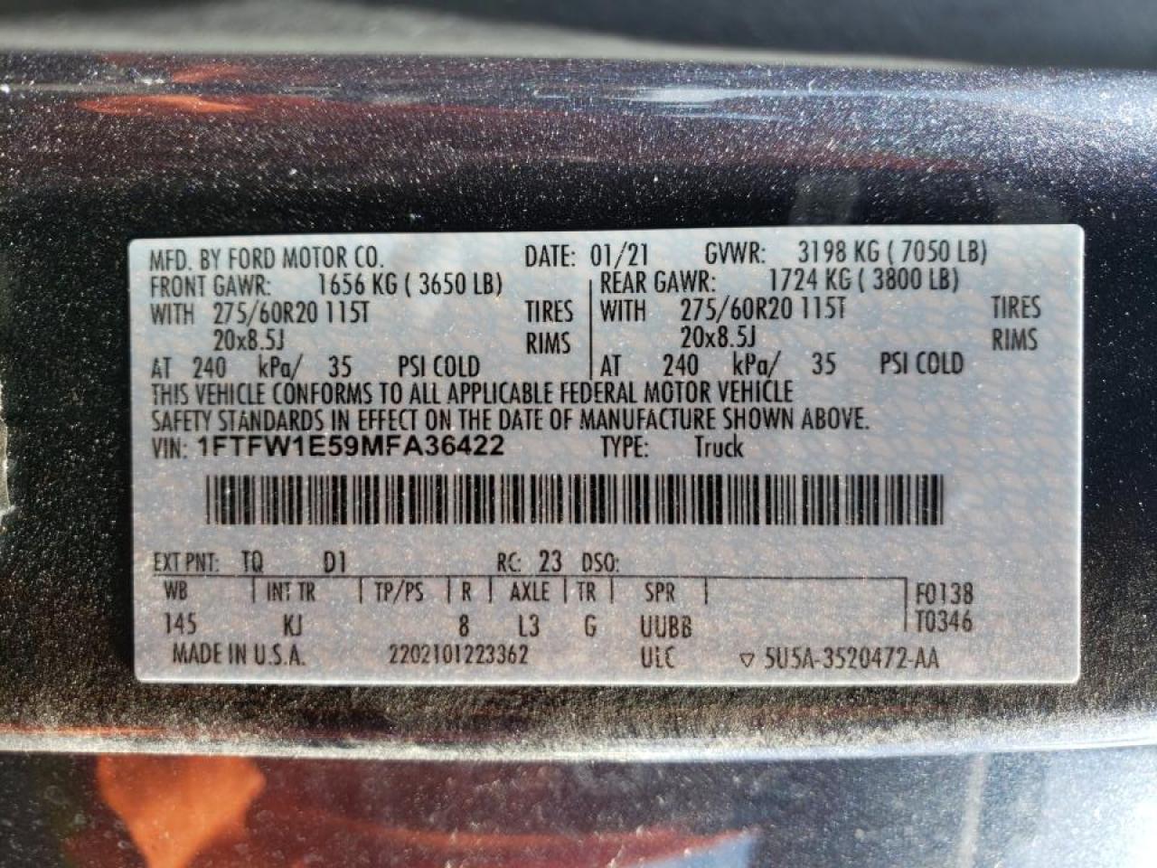 Photo 10 from auction – 2021 FORD F150 SUPER with VIN 1FTFW1E59MFA36422