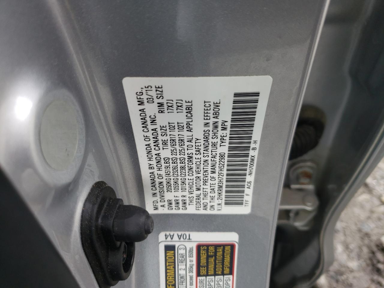 Photo 10 from auction – 2015 HONDA CR-V EXL with VIN 2HKRM3H72FH522980