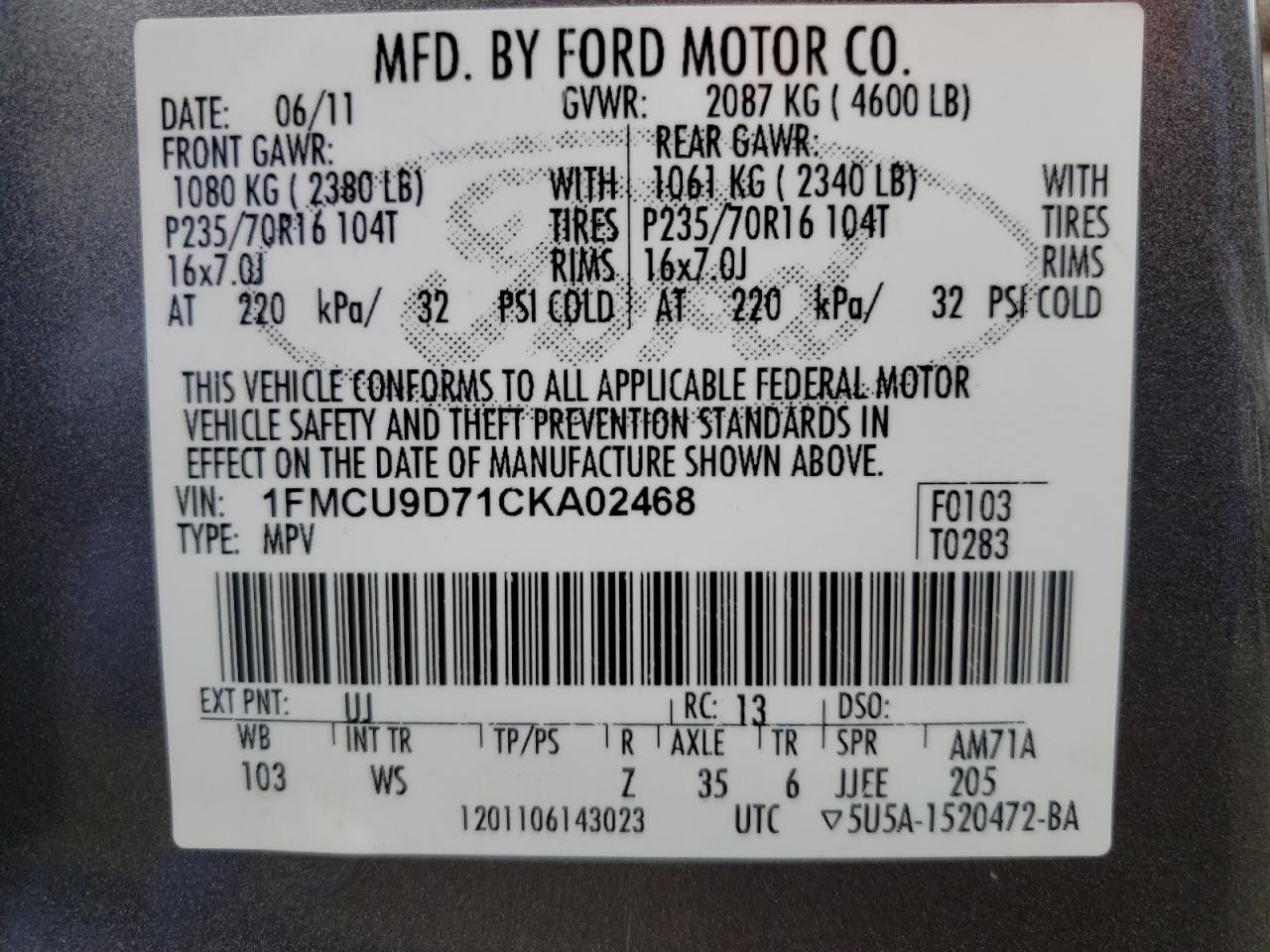 Photo 10 from auction – 2012 FORD ESCAPE XLT with VIN 1FMCU9D71CKA02468