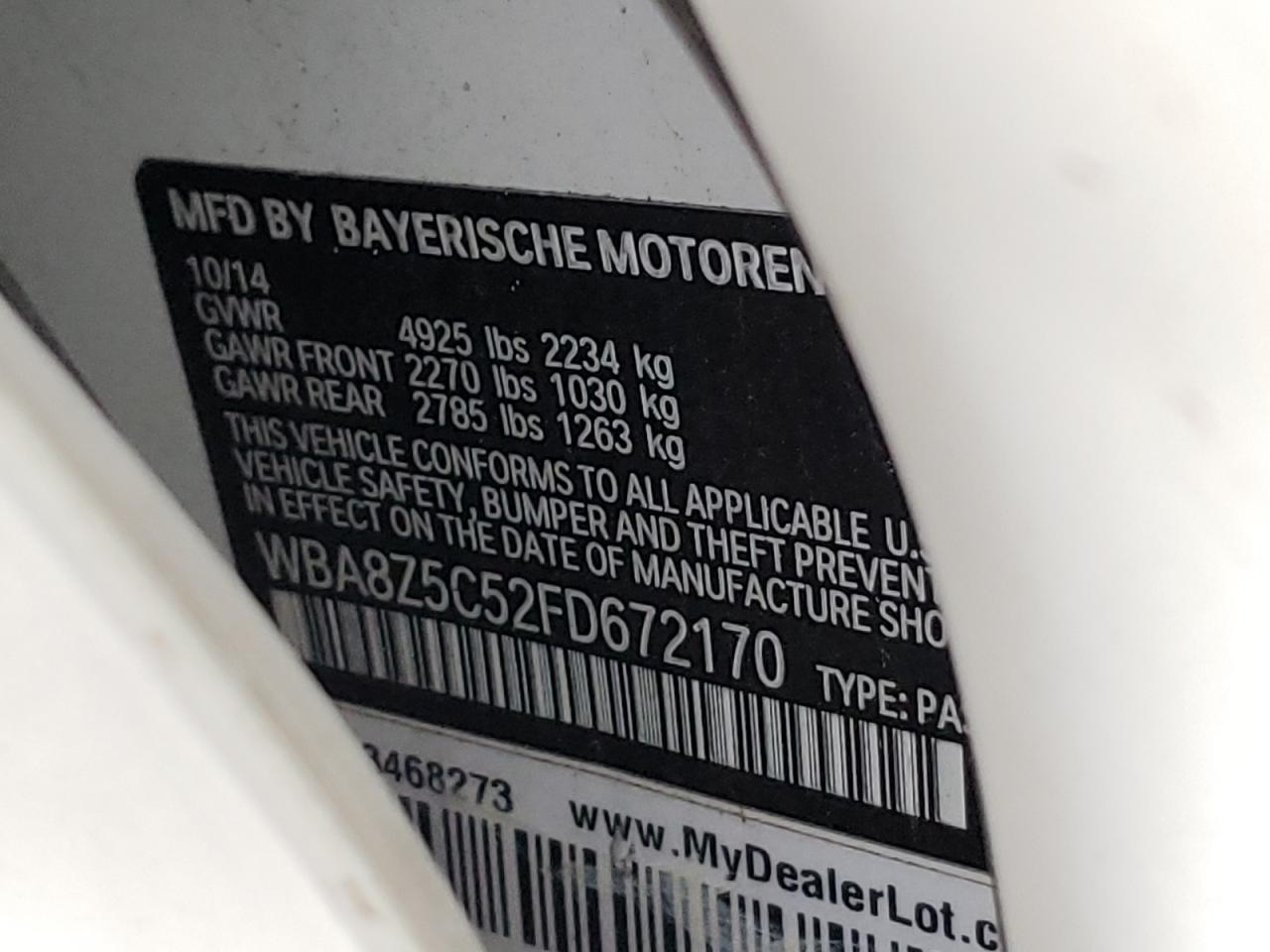 Photo 10 from auction – 2015 BMW 328 XIGT S with VIN WBA8Z5C52FD672170