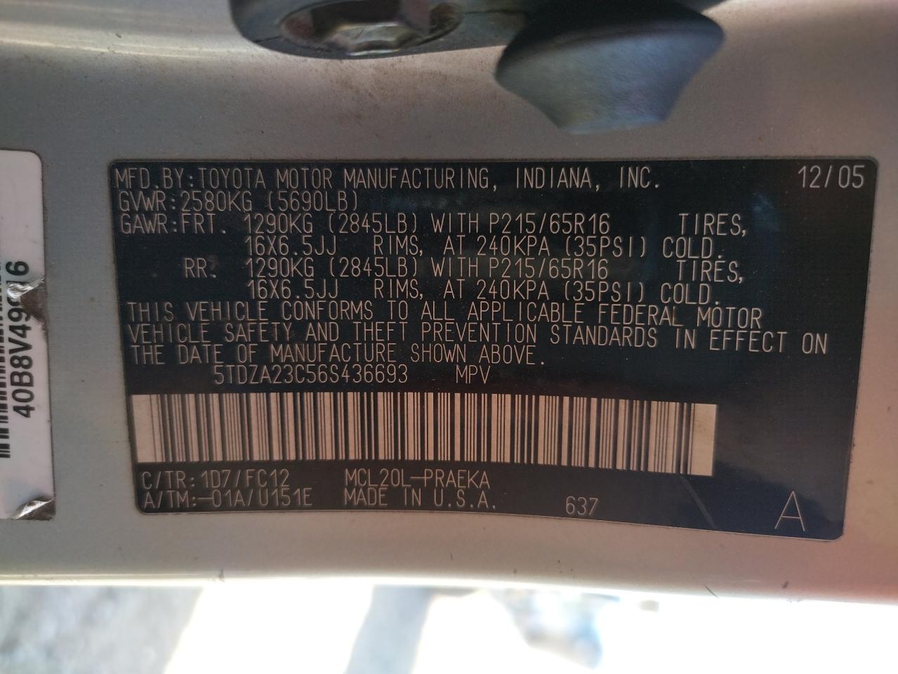 Photo 10 from auction – 2006 TOYOTA SIENNA CE with VIN 5TDZA23C56S436693