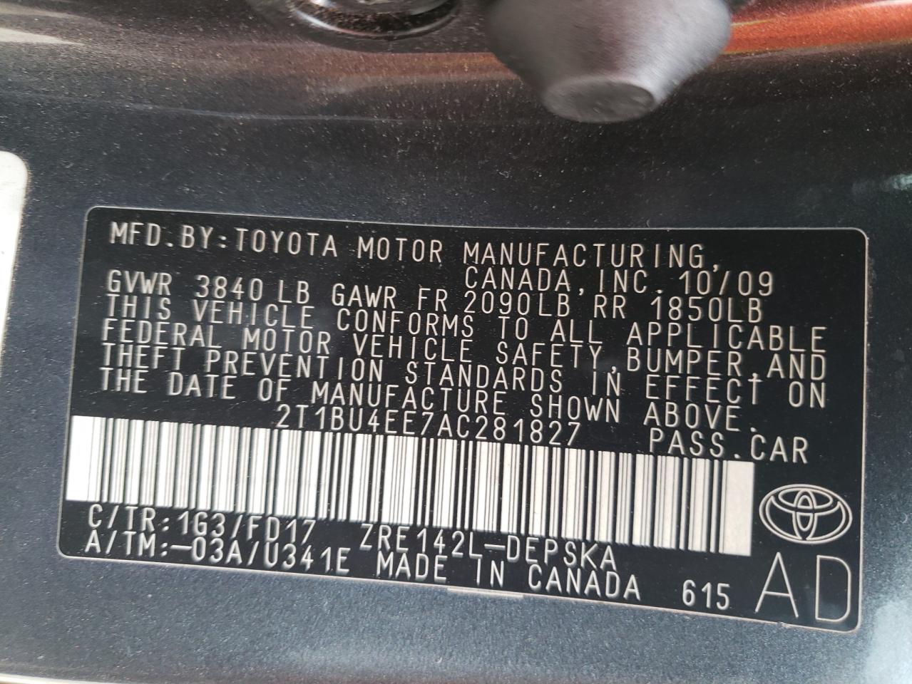 Foto 10 de la subasta – 2010 TOYOTA COROLLA BA con VIN 2T1BU4EE7AC281827