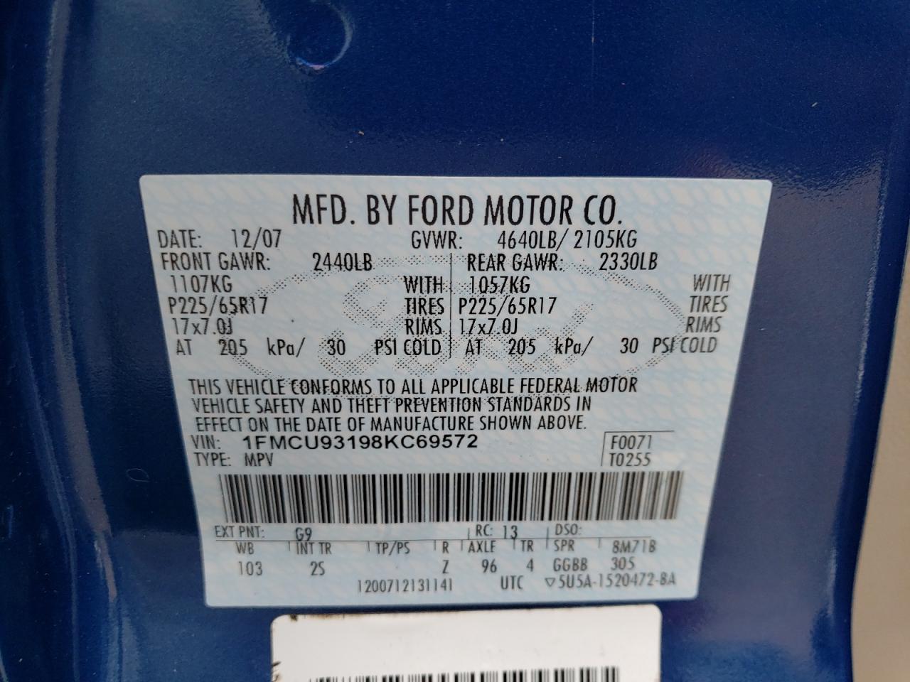 Photo 10 from auction – 2008 FORD ESCAPE XLT with VIN 1FMCU93198KC69572