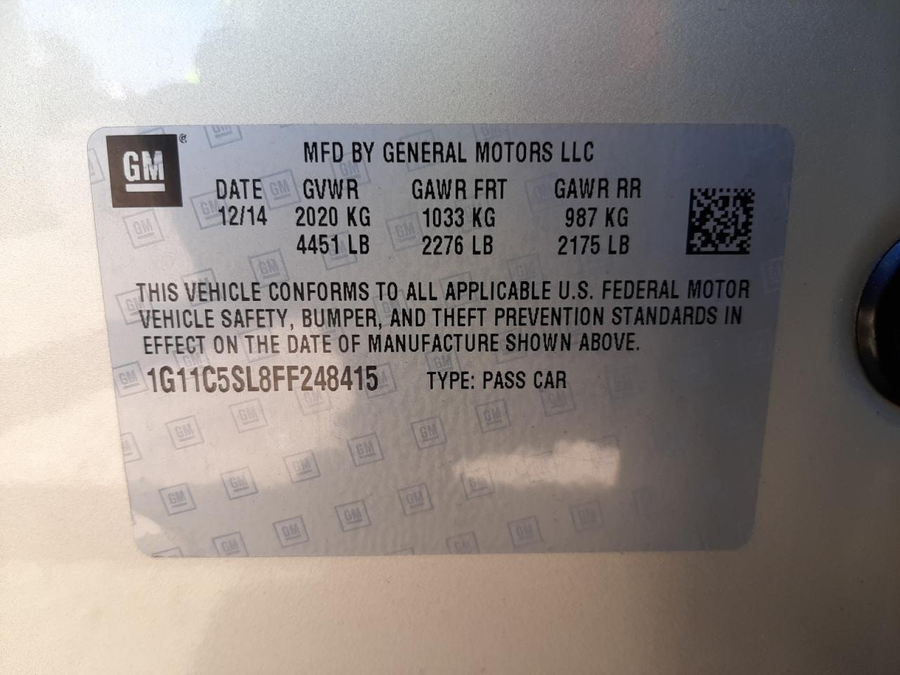 Photo 10 from auction – 2015 CHEVROLET MALIBU 1LT with VIN 1G11C5SL8FF248415