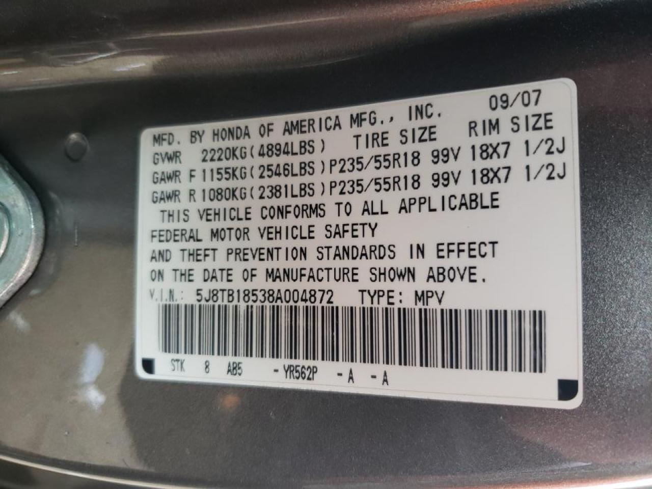 Photo 10 from auction – 2008 ACURA RDX TECHNO with VIN 5J8TB18538A004872