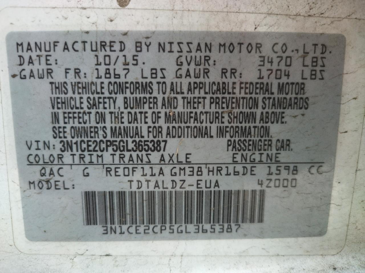 Photo 10 from auction – 2016 NISSAN VERSA NOTE with VIN 3N1CE2CP5GL365387