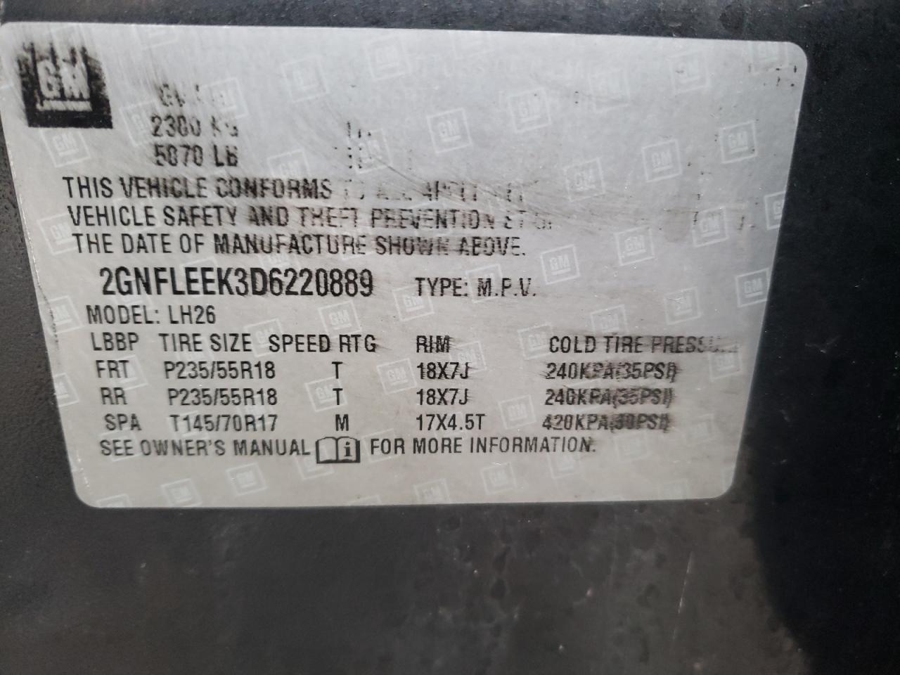 Photo 10 from auction – 2013 CHEVROLET EQUINOX LT with VIN 2GNFLEEK3D6220889