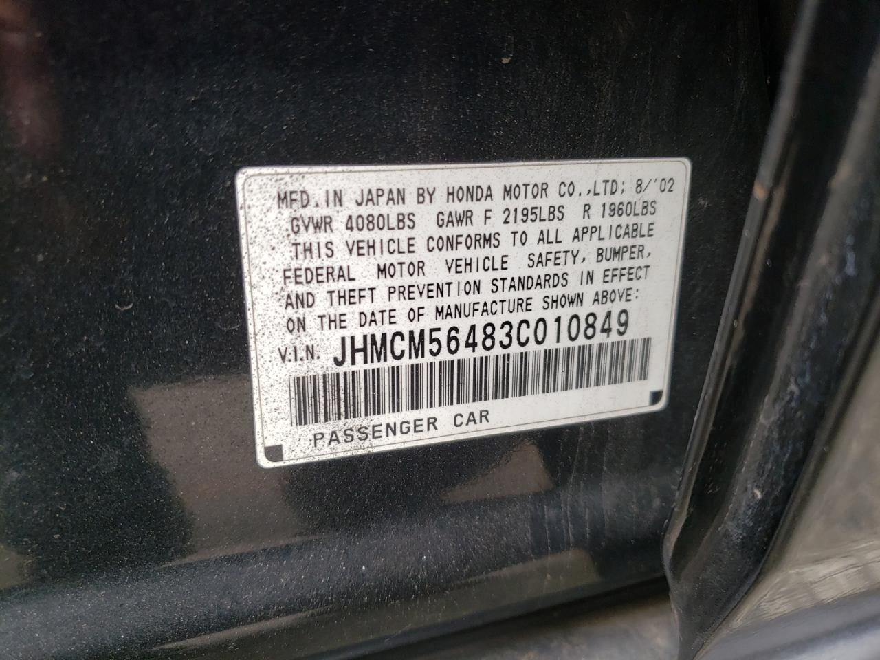Photo 10 from auction – 2003 HONDA ACCORD LX with VIN JHMCM56483C010849