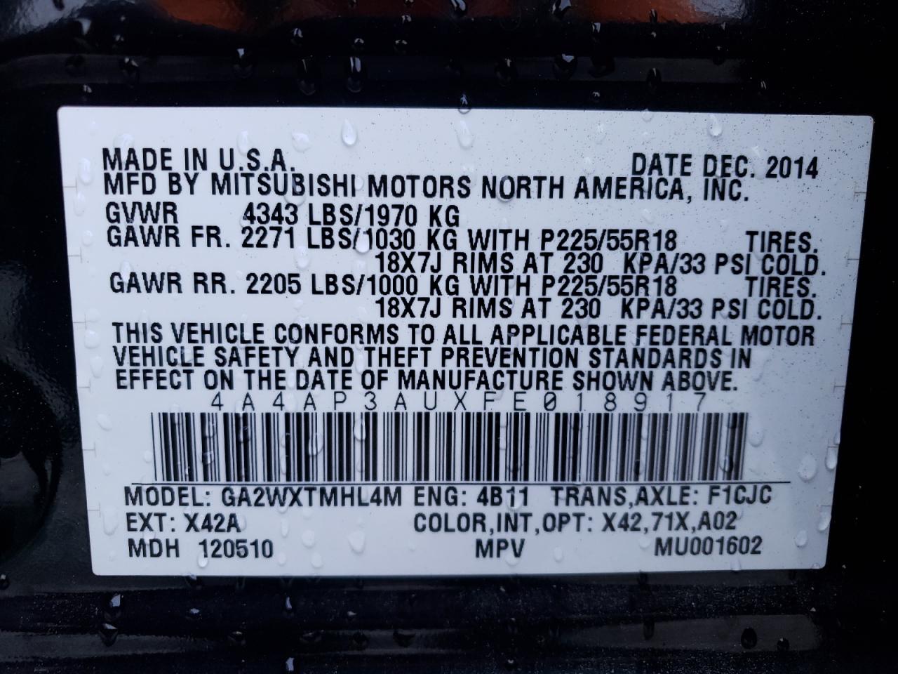 Photo 10 from auction – 2015 MITSUBISHI OUTLANDER with VIN 4A4AP3AUXFE018917