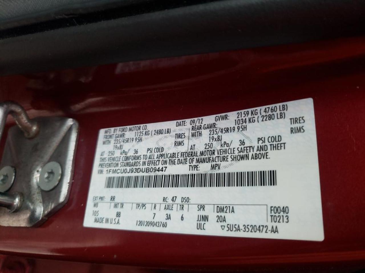 Photo 10 from auction – 2013 FORD ESCAPE TIT with VIN 1FMCU0J93DUB09447