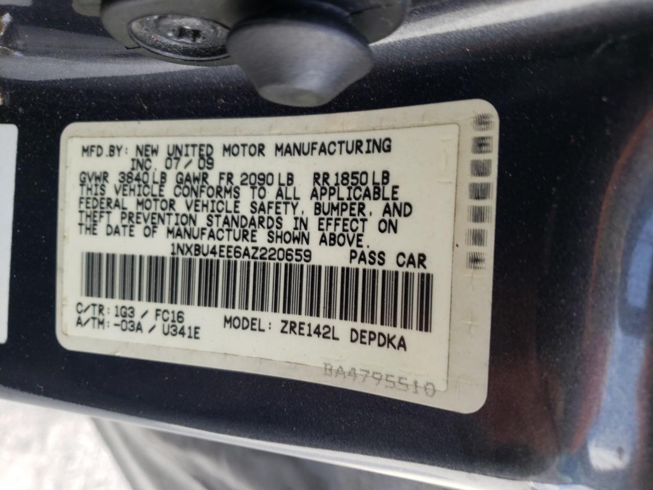 Photo 10 from auction – 2010 TOYOTA COROLLA BA with VIN 1NXBU4EE6AZ220659