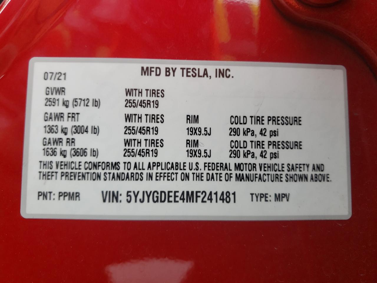 Photo 10 from auction – 2021 TESLA MODEL Y with VIN 5YJYGDEE4MF241481