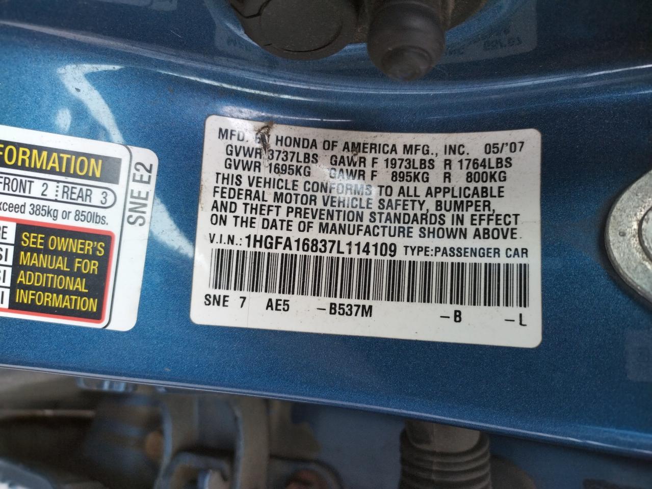 Photo 10 from auction – 2007 HONDA CIVIC EX with VIN 1HGFA16837L114109