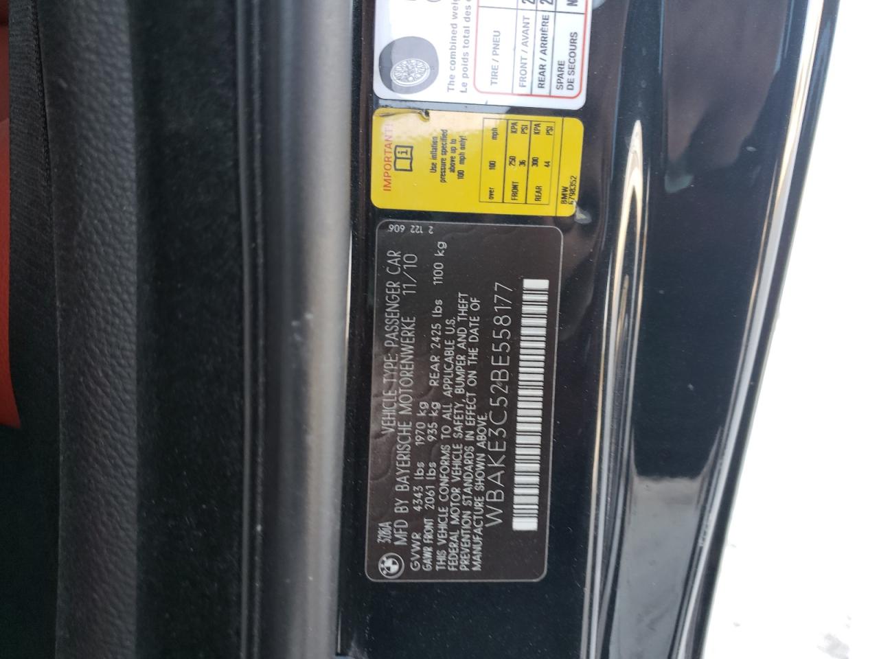 Photo 10 from auction – 2011 BMW 328 I with VIN WBAKE3C52BE558177
