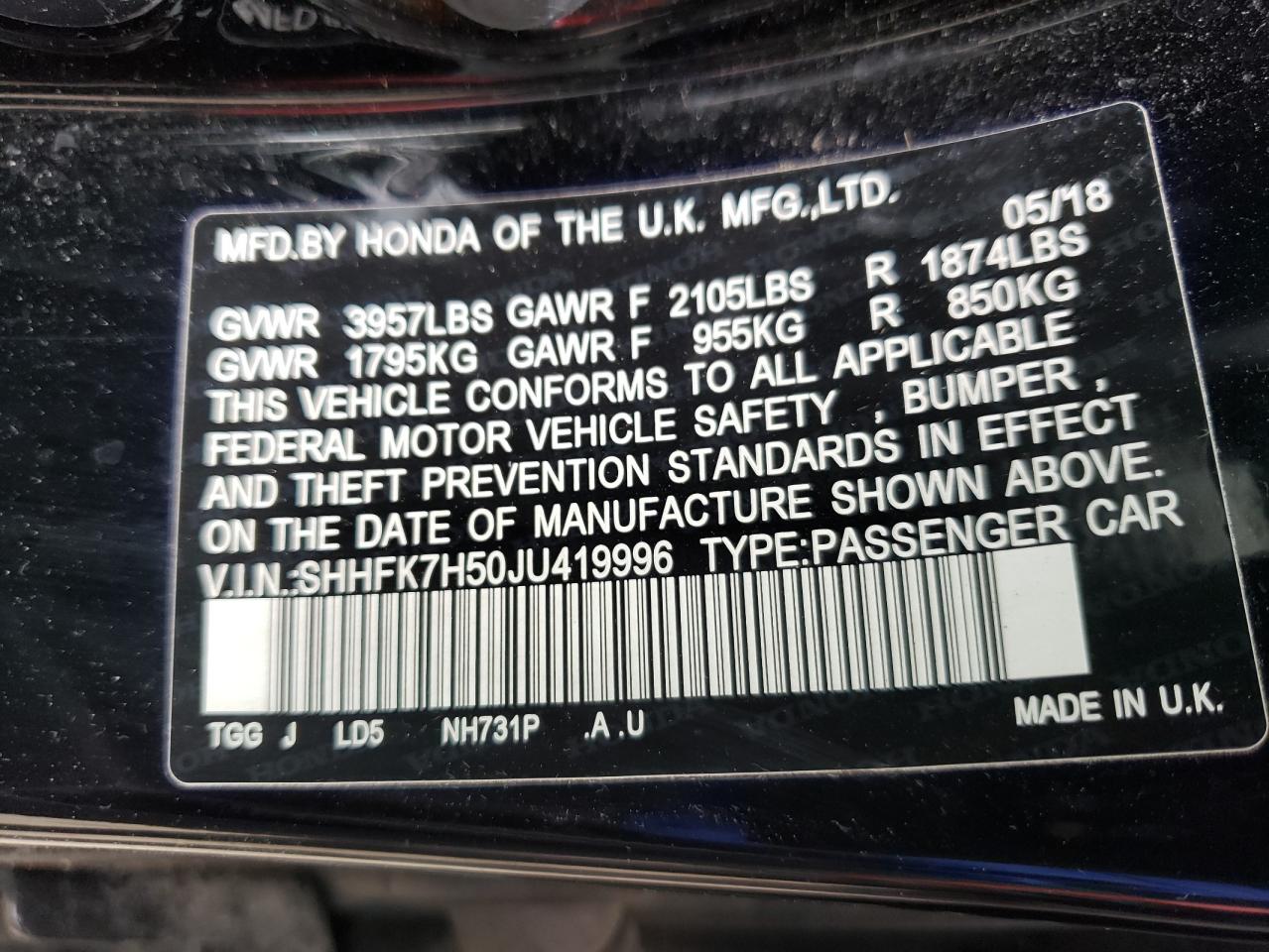 Photo 10 from auction – 2018 HONDA CIVIC EX with VIN SHHFK7H50JU419996