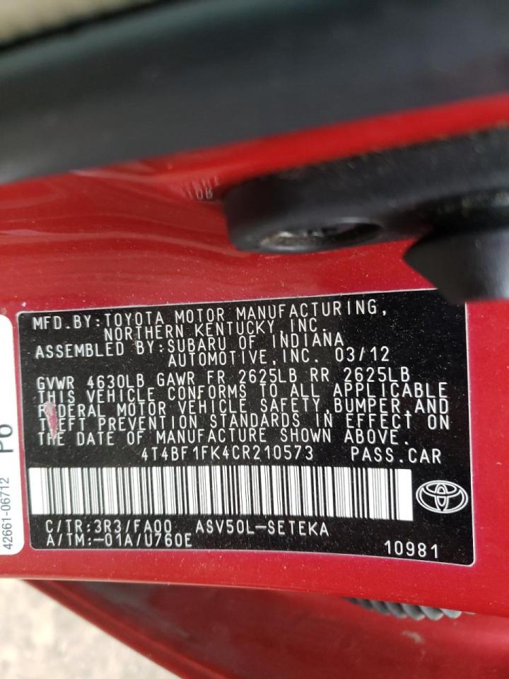 Фото 10 с аукциона – 2012 TOYOTA CAMRY BASE с VIN 4T4BF1FK4CR210573
