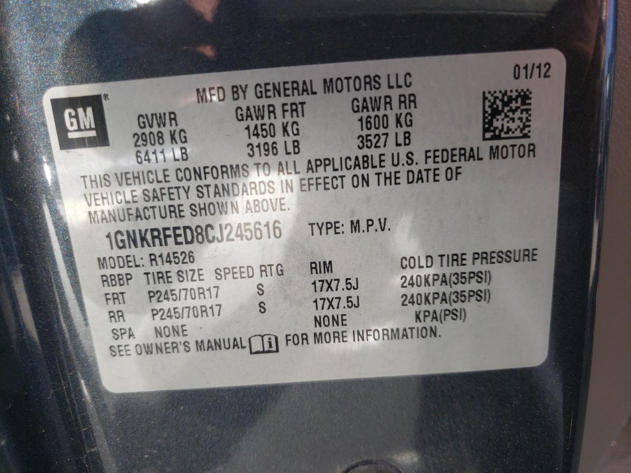 Photo 10 from auction – 2012 CHEVROLET TRAVERSE L with VIN 1GNKRFED8CJ245616