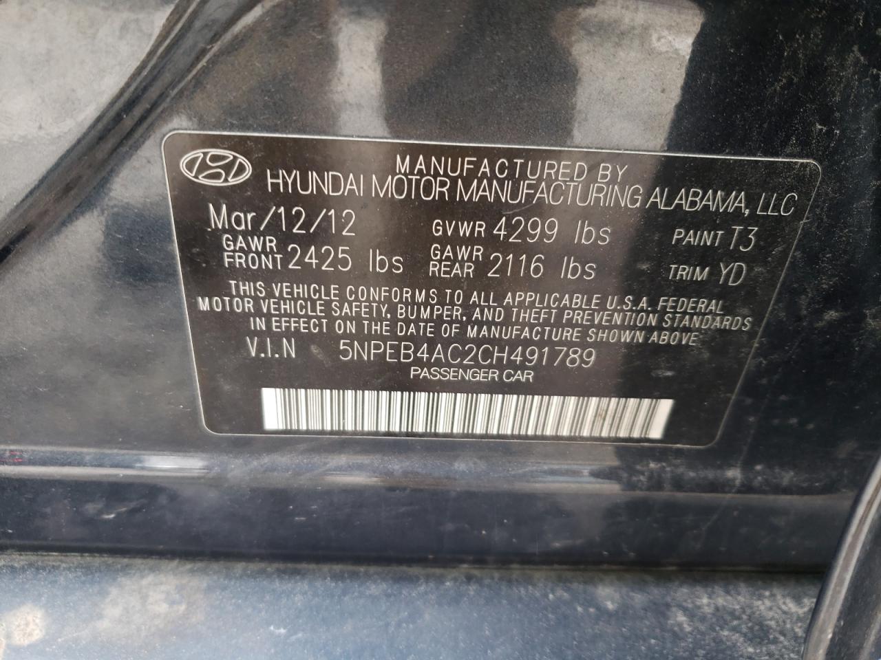 Photo 10 from auction – 2012 HYUNDAI SONATA GLS with VIN 5NPEB4AC2CH491789