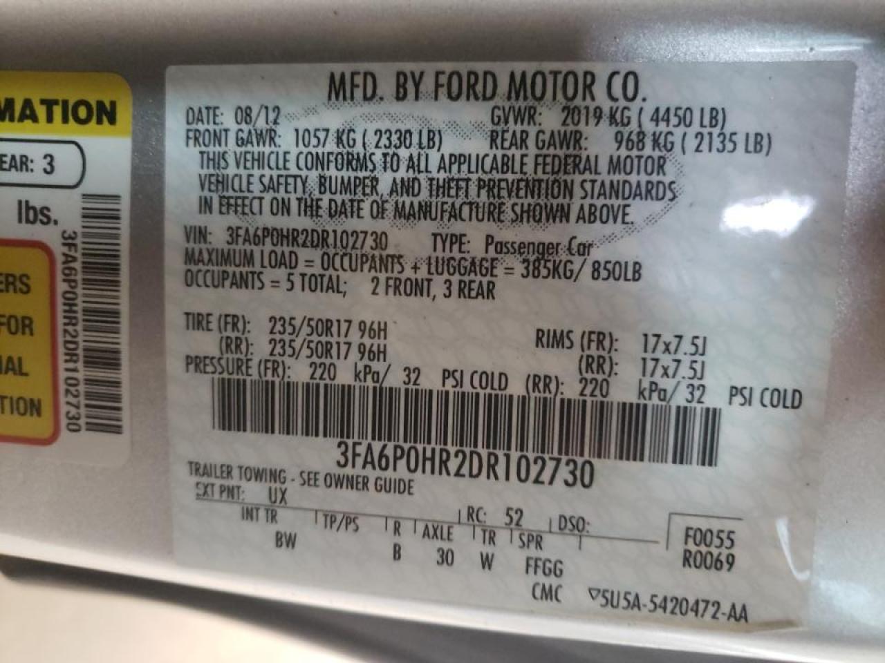 Photo 10 from auction – 2013 FORD FUSION SE with VIN 3FA6P0HR2DR102730