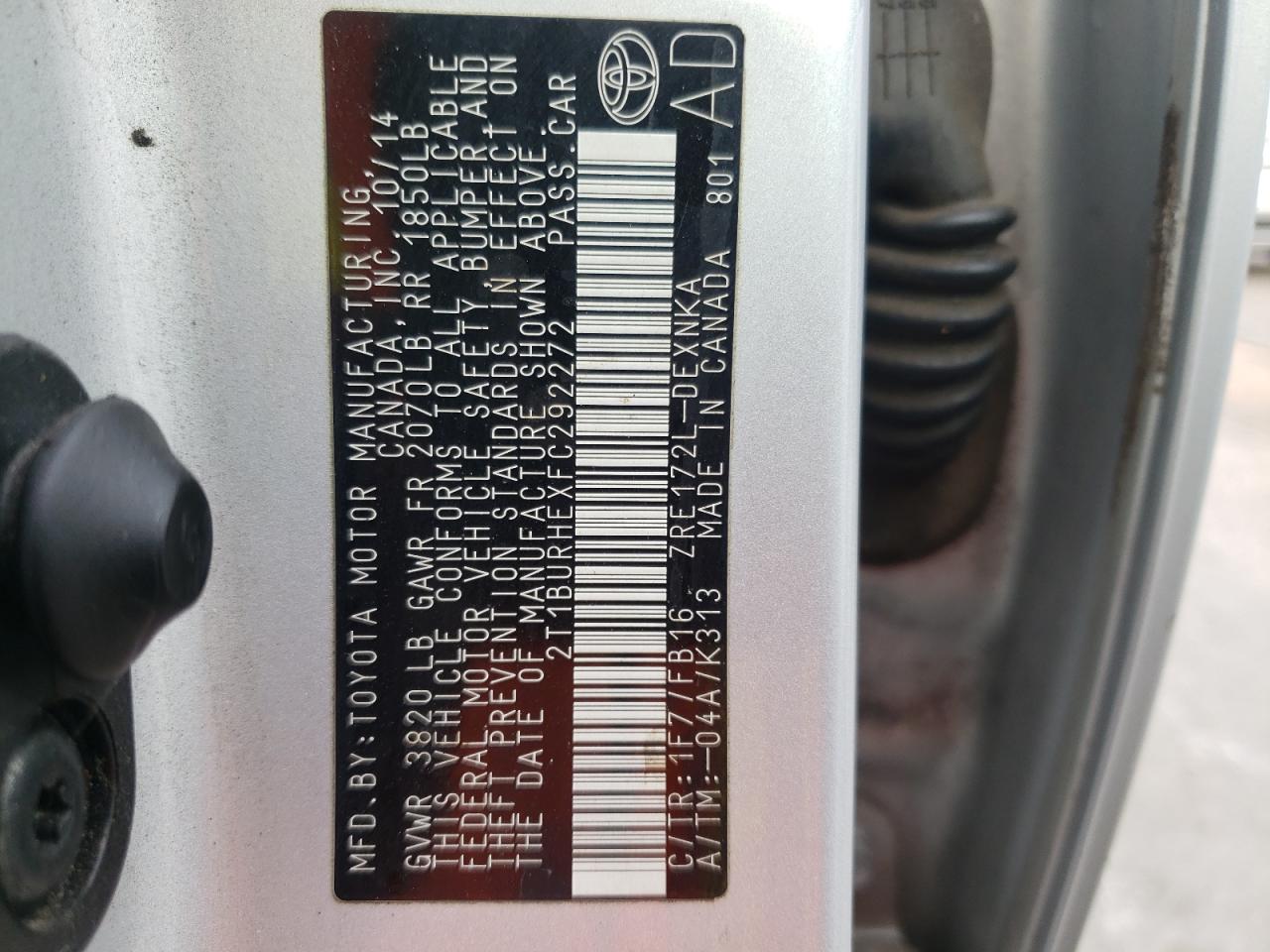 Photo 10 from auction – 2015 TOYOTA COROLLA L with VIN 2T1BURHEXFC292272