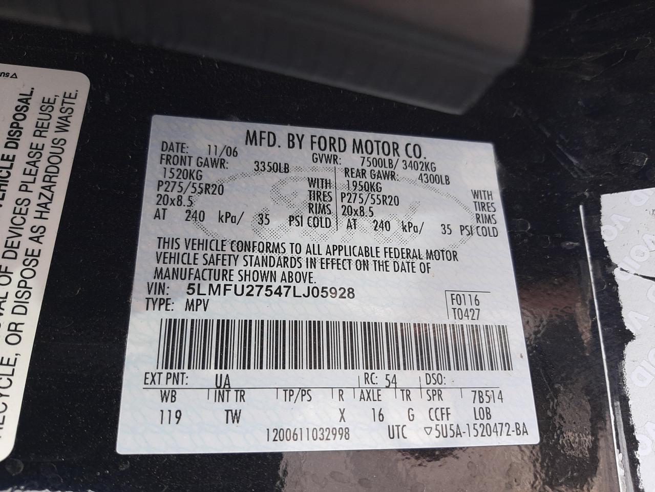 Photo 10 from auction – 2007 LINCOLN NAVIGATOR with VIN 5LMFU27547LJ05928