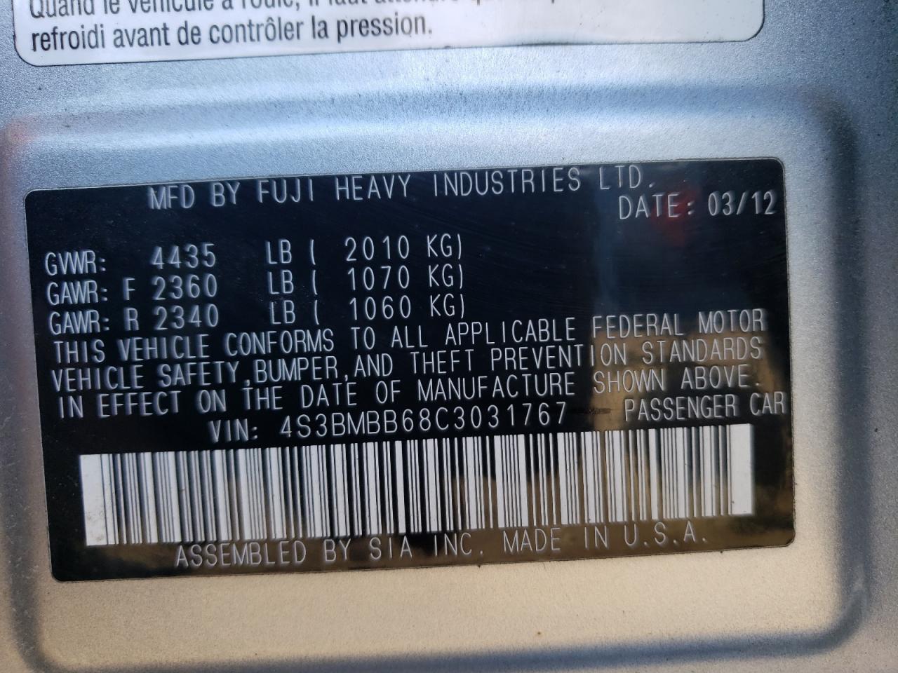 Photo 10 from auction – 2012 SUBARU LEGACY 2.5 with VIN 4S3BMBB68C3031767