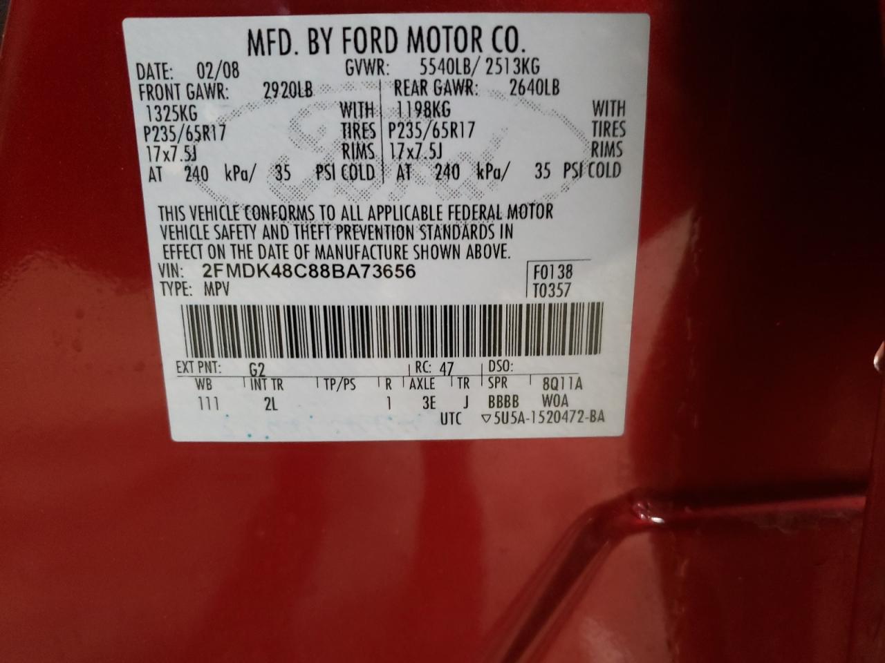 Photo 10 from auction – 2008 FORD EDGE SEL with VIN 2FMDK48C88BA73656