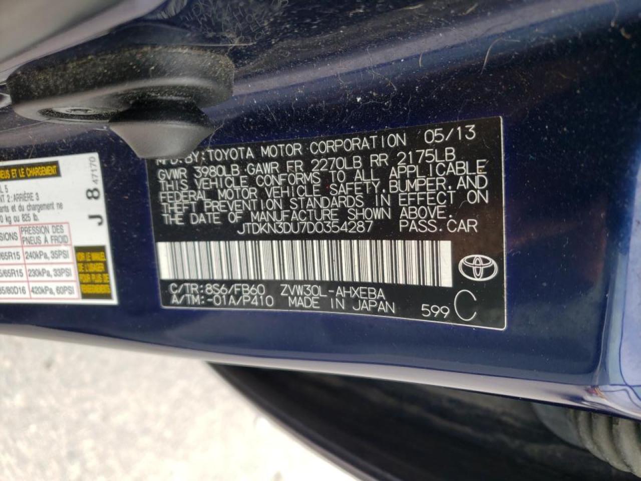 Photo 10 from auction – 2013 TOYOTA PRIUS with VIN JTDKN3DU7D0354287