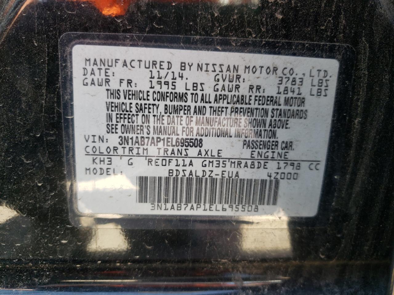 Photo 11 from auction – 2014 NISSAN SENTRA with VIN 3N1AB7AP1EL695508