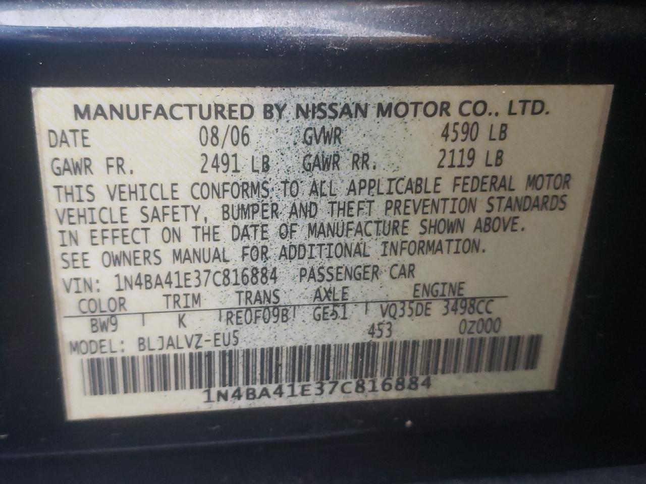Photo 10 from auction – 2007 NISSAN MAXIMA SE with VIN 1N4BA41E37C816884