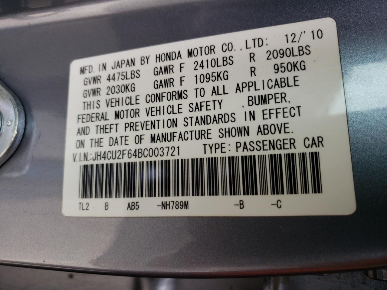 Photo 10 from auction – 2011 ACURA TSX with VIN JH4CU2F64BC003721
