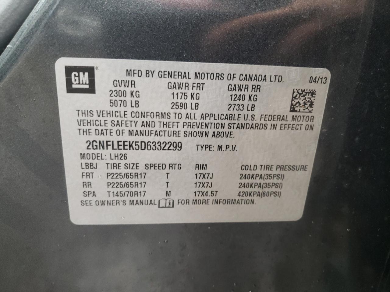 Photo 10 from auction – 2013 CHEVROLET EQUINOX LT with VIN 2GNFLEEK5D6332299