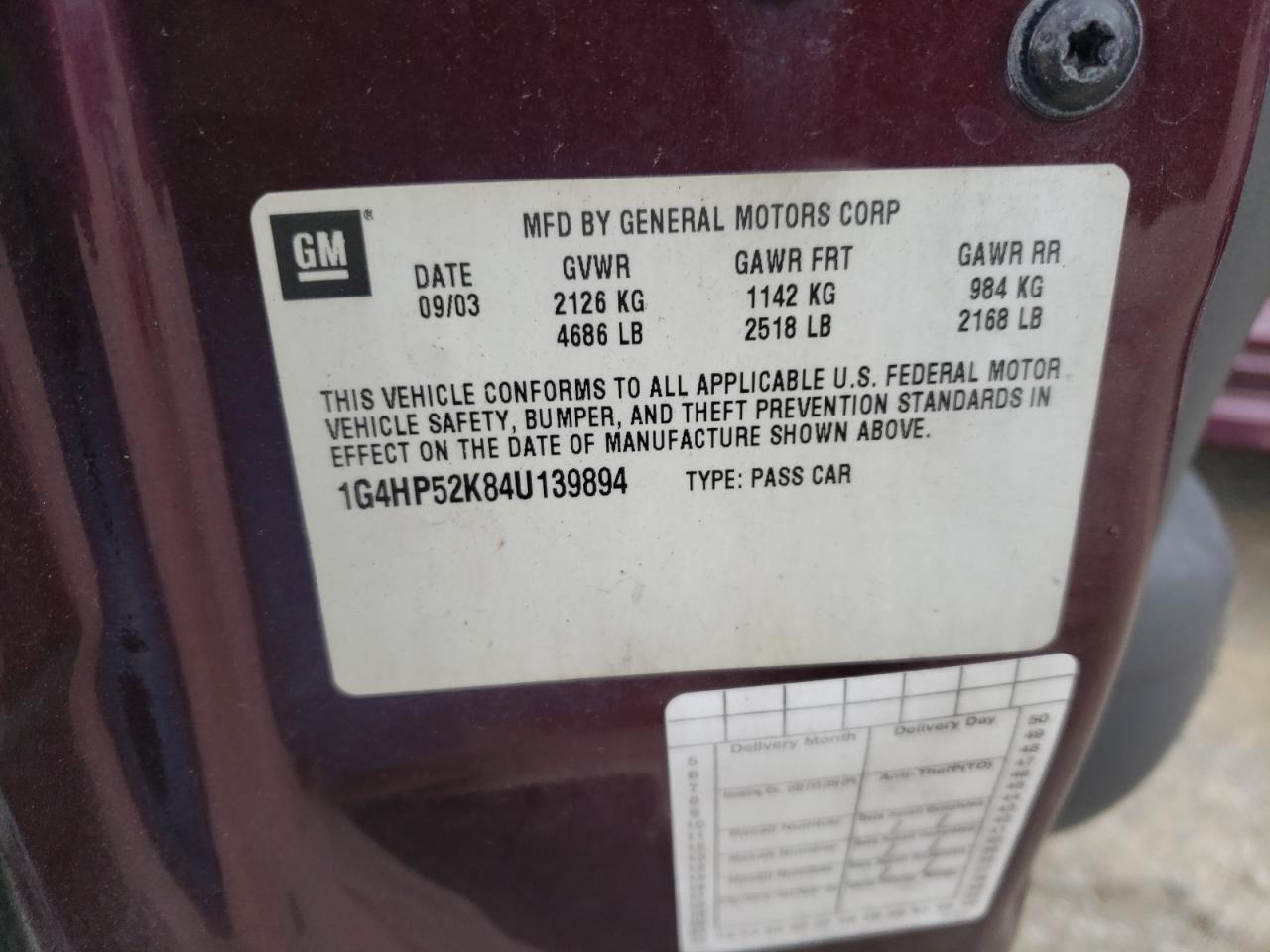 Photo 10 from auction – 2004 BUICK LESABRE CU with VIN 1G4HP52K84U139894