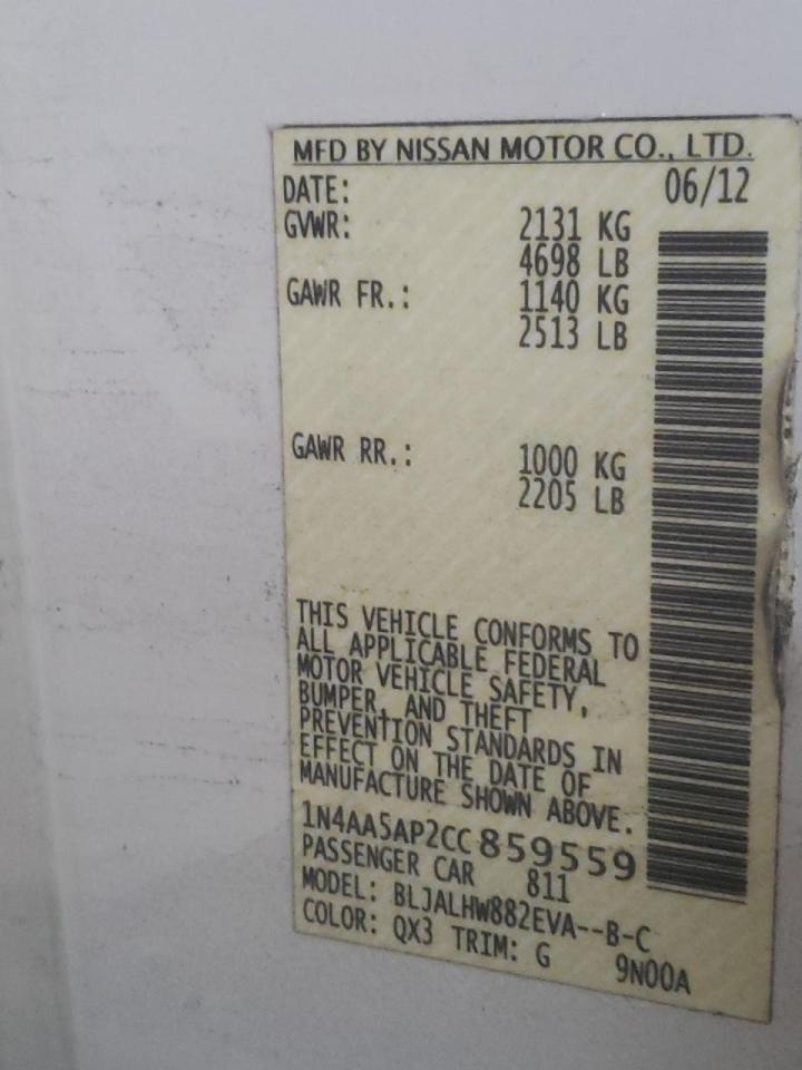 Photo 10 from auction – 2012 NISSAN MAXIMA S with VIN 1N4AA5AP2CC859559