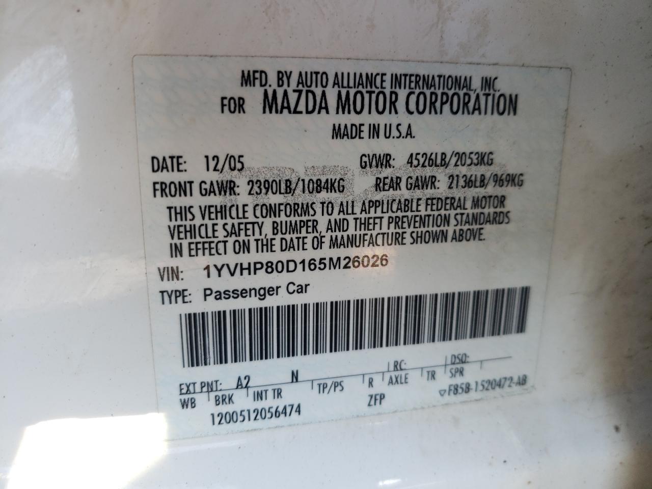 Photo 10 from auction – 2006 MAZDA 6 S with VIN 1YVHP80D165M26026