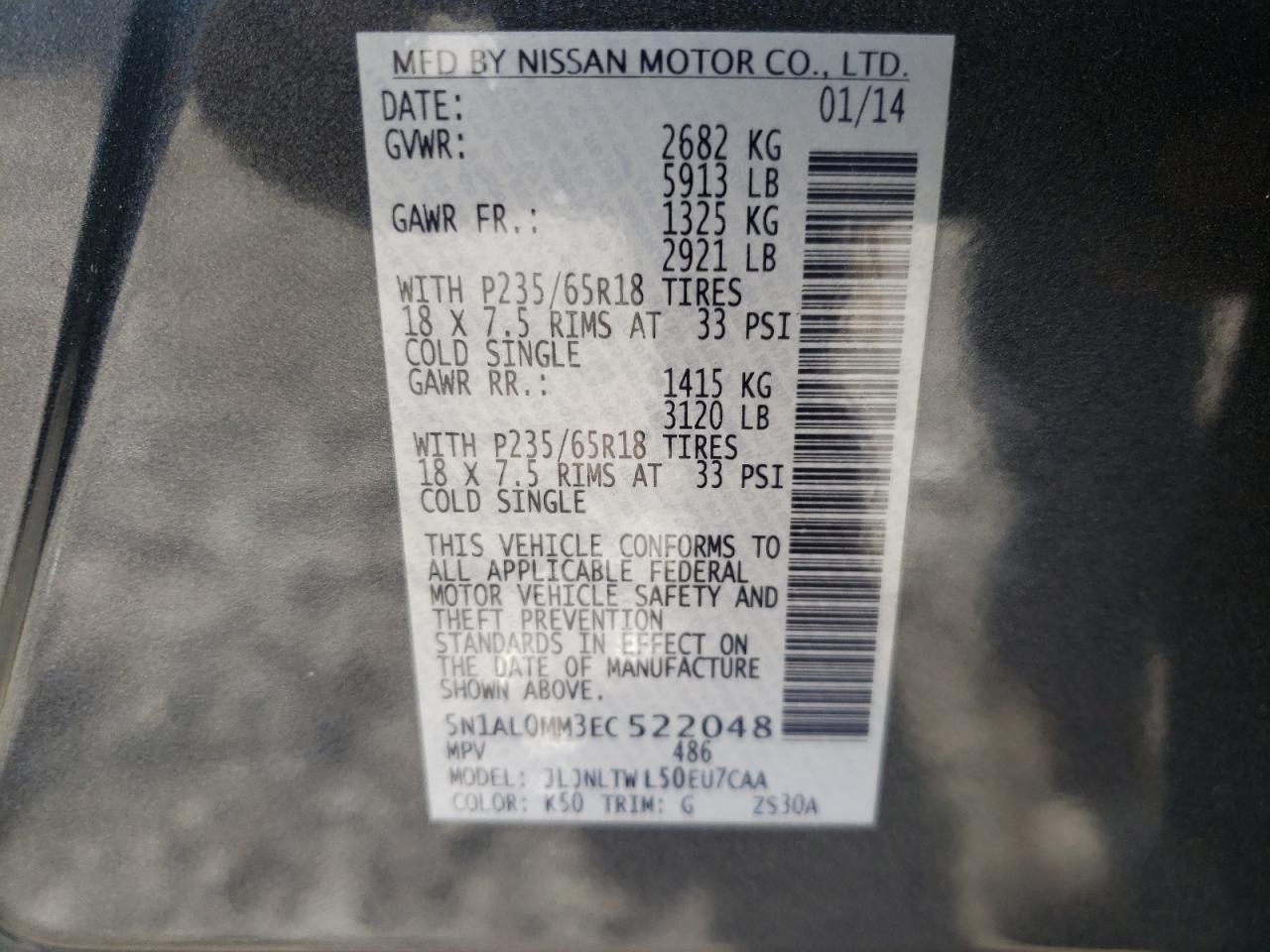 Photo 10 from auction – 2014 INFINITI QX60 with VIN 5N1AL0MM3EC522048