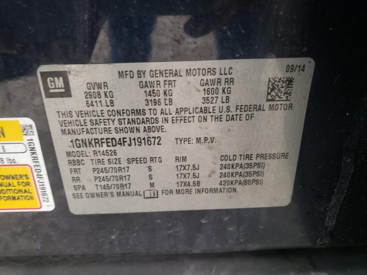 Photo 10 from auction – 2015 CHEVROLET TRAVERSE L with VIN 1GNKRFED4FJ191672