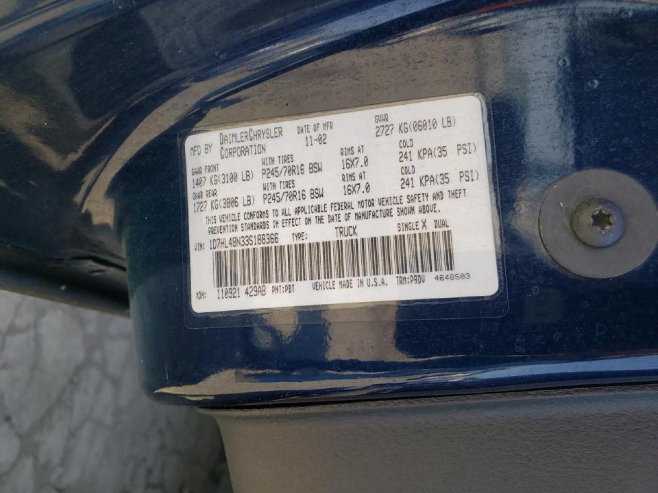 Photo 10 from auction – 2003 DODGE DAKOTA QUA with VIN 1D7HL48N33S188366