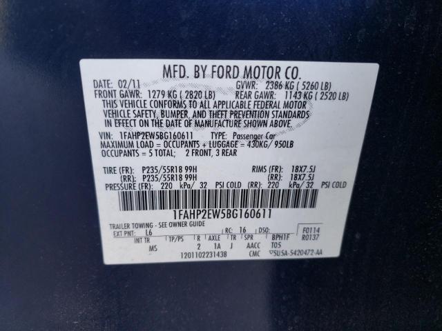 Photo 10 from auction – 2011 FORD TAURUS SEL with VIN 1FAHP2EW5BG160611