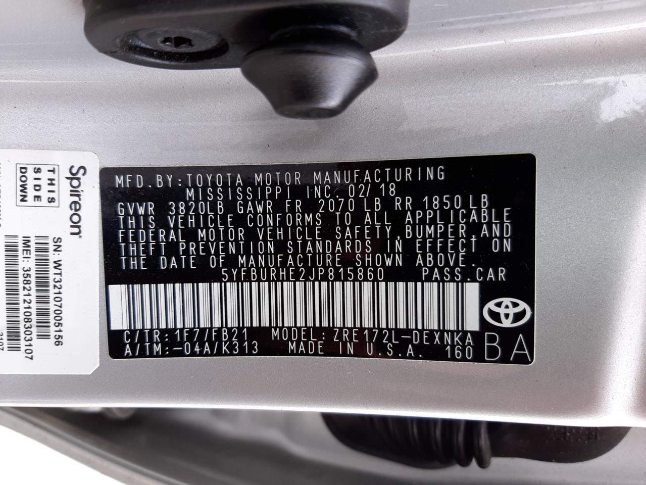 Photo 10 from auction – 2018 TOYOTA COROLLA L with VIN 5YFBURHE2JP815860