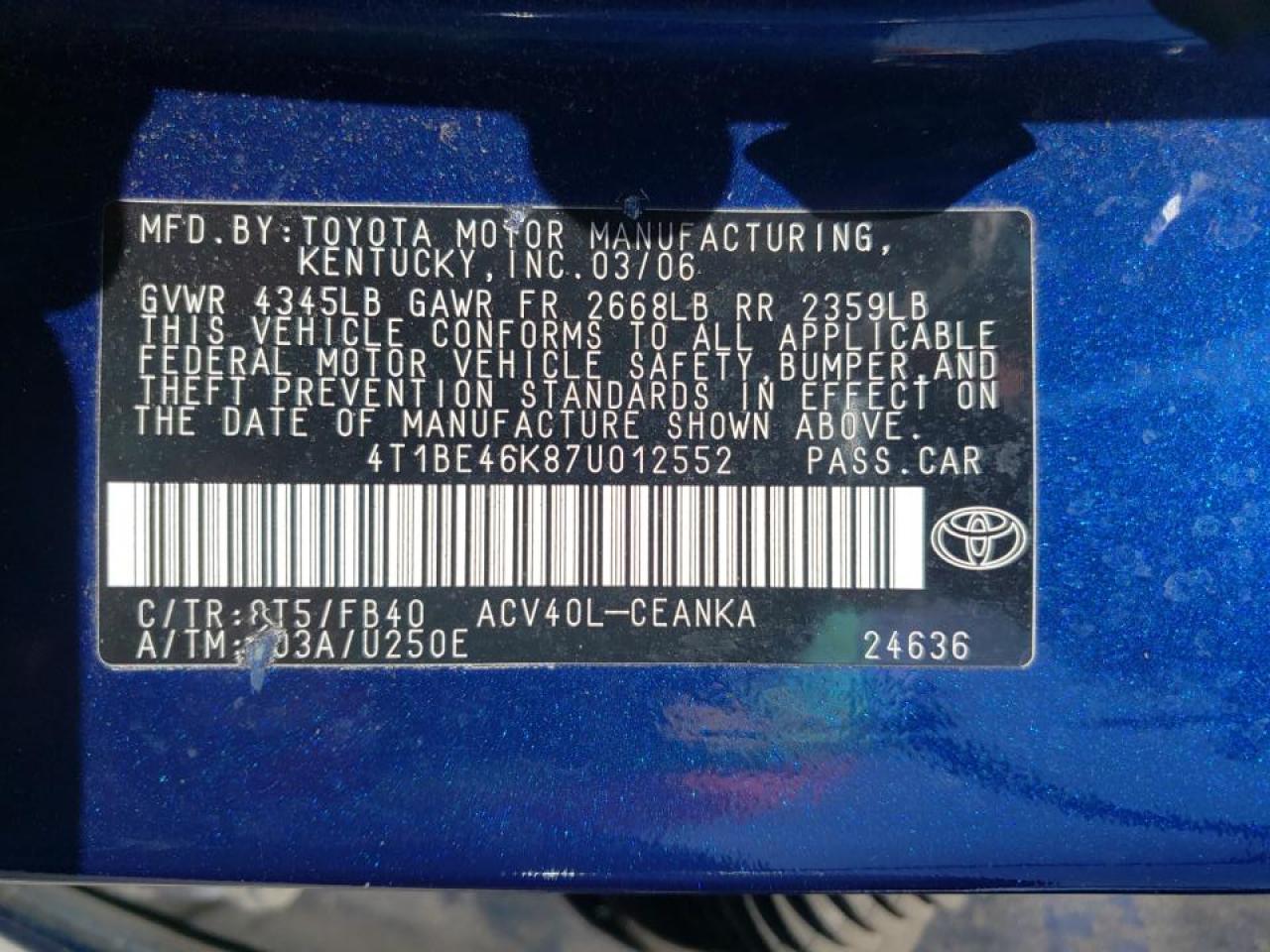 Photo 10 from auction – 2007 TOYOTA UK with VIN 4T1BE46K87U012552