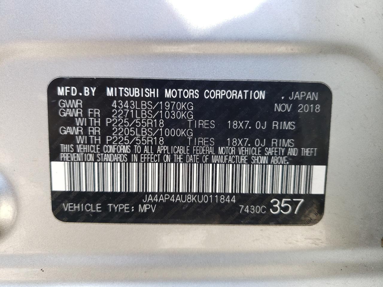 Photo 10 from auction – 2019 MITSUBISHI OUTLANDER with VIN JA4AP4AU8KU011844